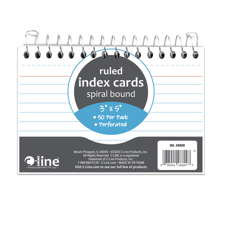 C-LINE PRODUCTS 3in X 5in Spiral Bound Index Card Notebook, Ruled 48809